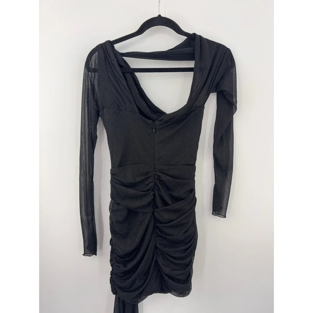 B41 House of CB Santa Mini Dress Small Black Glitter Ruched Bodycon Cutout - Picture 5 of 12